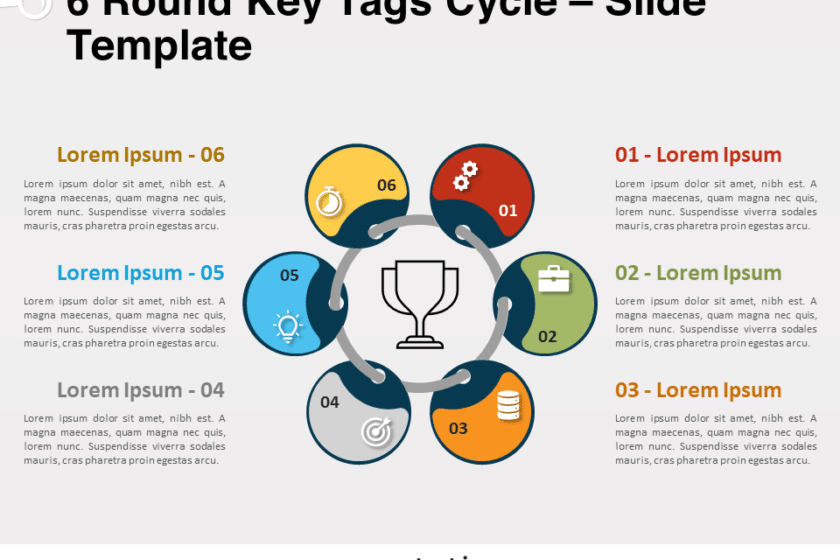 Cycle de 6 balises clés rondes pour PowerPoint et Google Slides
