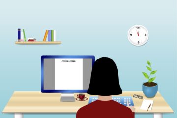 Image de dessin animé d'une femme de dos alors qu'elle est assise à son bureau face à son écran d'ordinateur.  Y sont inscrits les mots : "LETTRE DE MOTIVATION".  La page ci-dessous est vierge.