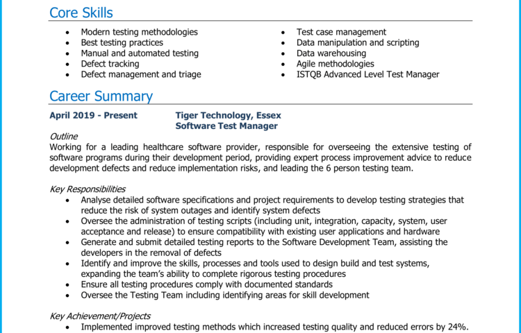 Exemple de CV de gestionnaire de tests logiciels + guide [Land a top job]