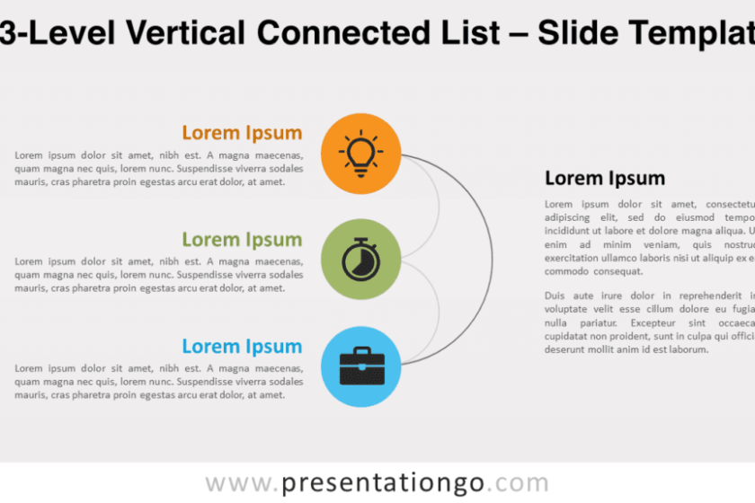 Liste connectée verticale à 3 niveaux pour PowerPoint et Google Slides