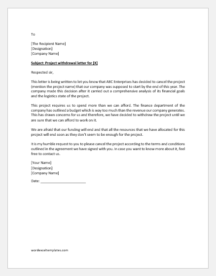 Exemple de lettre de retrait du projet