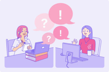 Two women are happily conducting an online informational interview, with the interviewer asking questions while taking notes and the interviewee answers them
